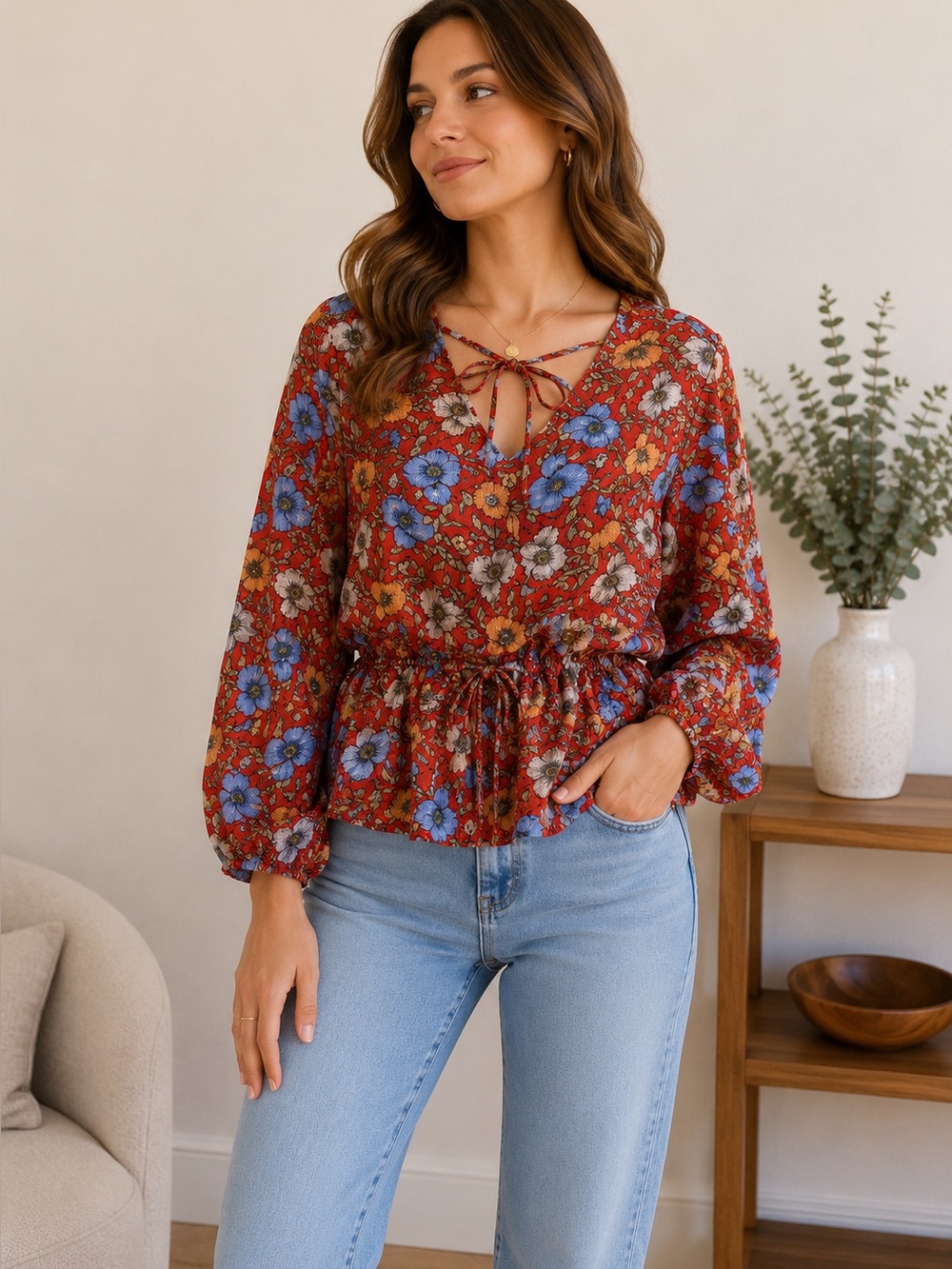 Easel Poppy Rose Women’s Size Small Blouse Top Drop Sleeve And Tie Back Detail